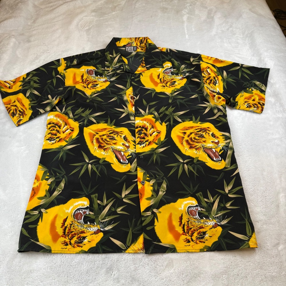 Trust‎ Tiger Print Button Up Short Sleeve Shirt Mens XL Black Yellow Bamboo